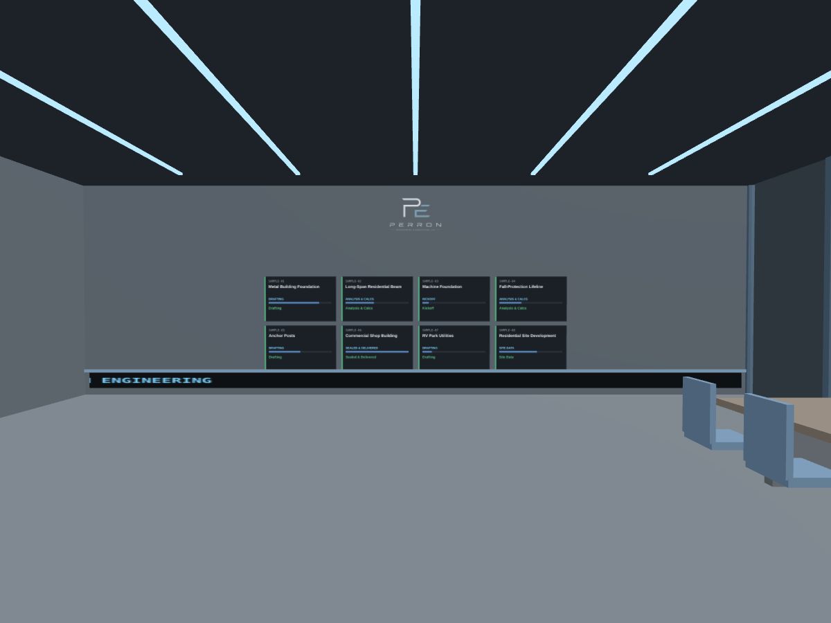 The VR project room: a wall of sample project cards that each open into a full-scale model